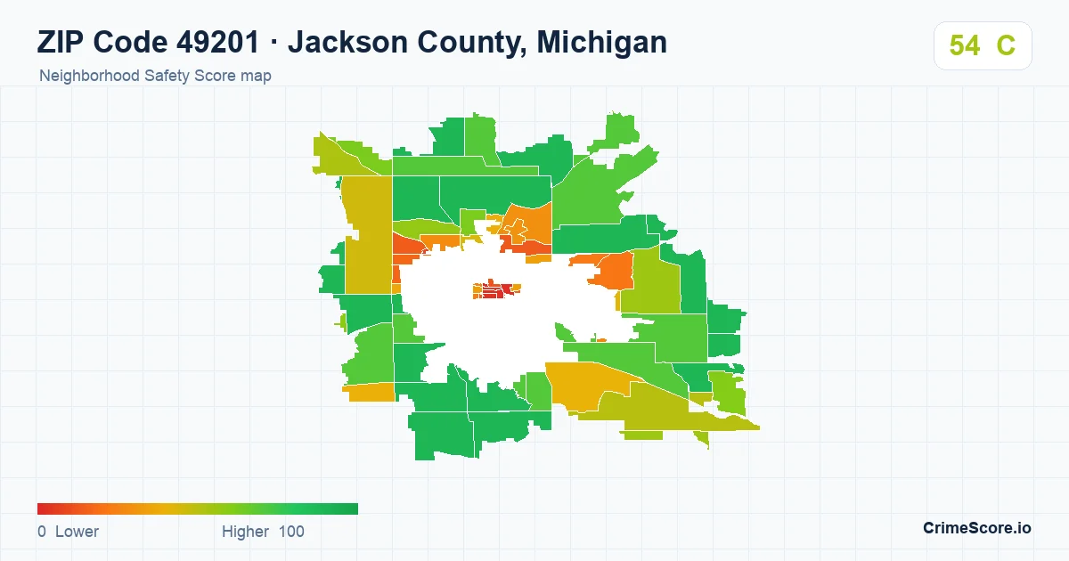 ZIP Code 49201 in Jackson County, Michigan neighborhood Safety Score map