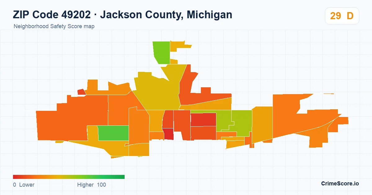 ZIP Code 49202 in Jackson County, Michigan neighborhood Safety Score map