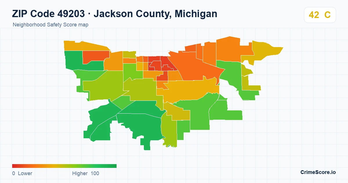 ZIP Code 49203 in Jackson County, Michigan neighborhood Safety Score map
