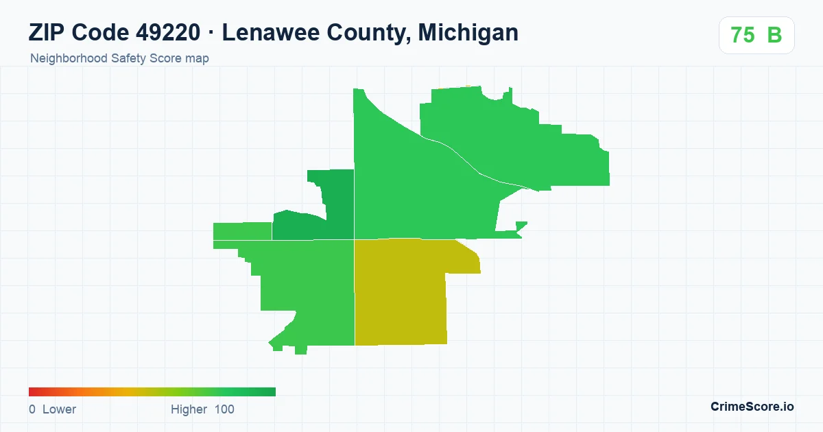 ZIP Code 49220 in Lenawee County, Michigan neighborhood Safety Score map