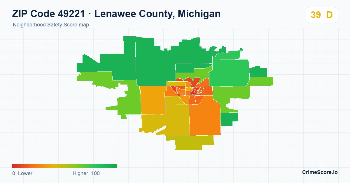 ZIP Code 49221 in Lenawee County, Michigan neighborhood Safety Score map