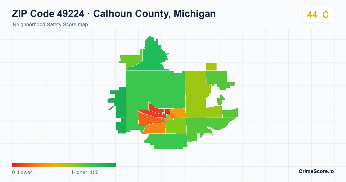 ZIP Code 49224 in Calhoun County, Michigan neighborhood Safety Score map