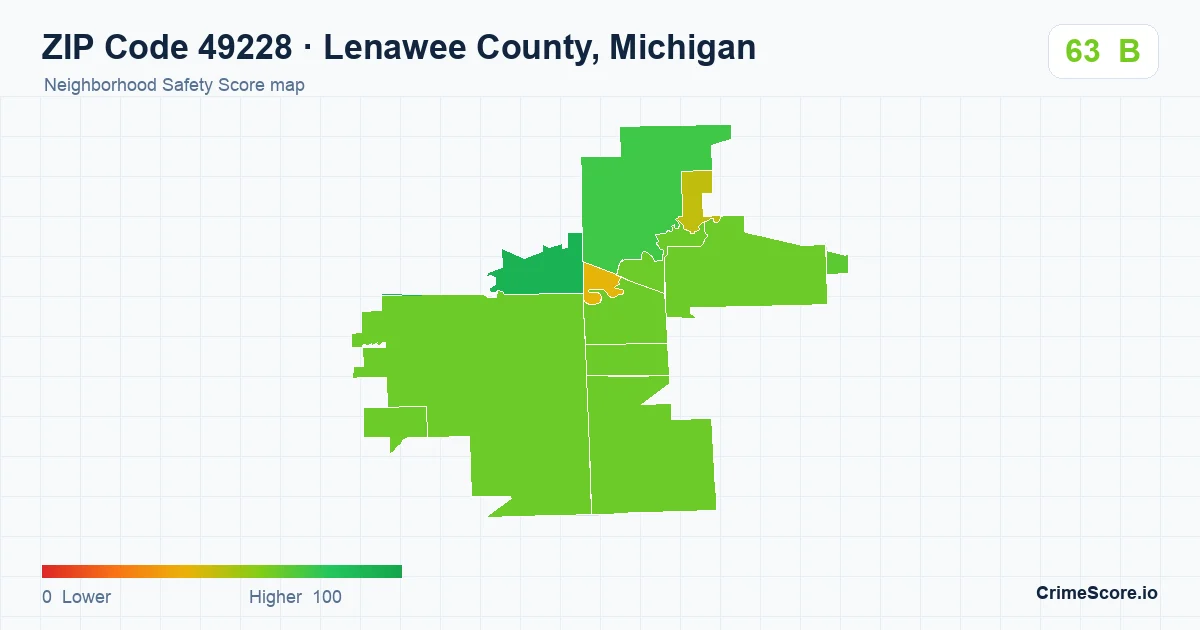 ZIP Code 49228 in Lenawee County, Michigan neighborhood Safety Score map