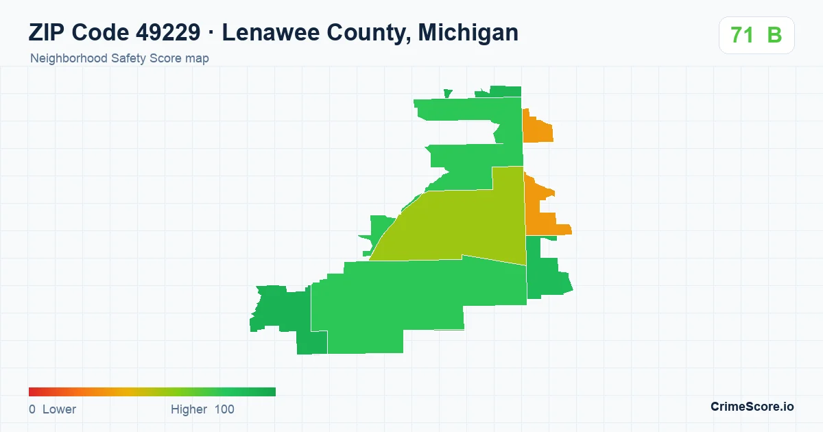 ZIP Code 49229 in Lenawee County, Michigan neighborhood Safety Score map