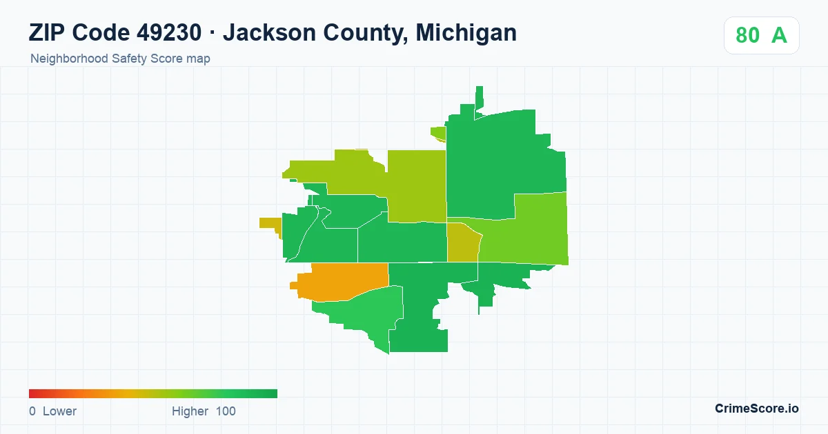 ZIP Code 49230 in Jackson County, Michigan neighborhood Safety Score map