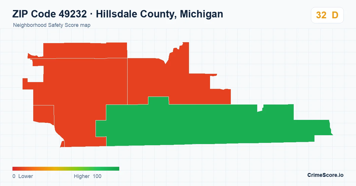 ZIP Code 49232 in Hillsdale County, Michigan neighborhood Safety Score map