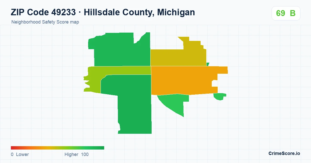 ZIP Code 49233 in Hillsdale County, Michigan neighborhood Safety Score map