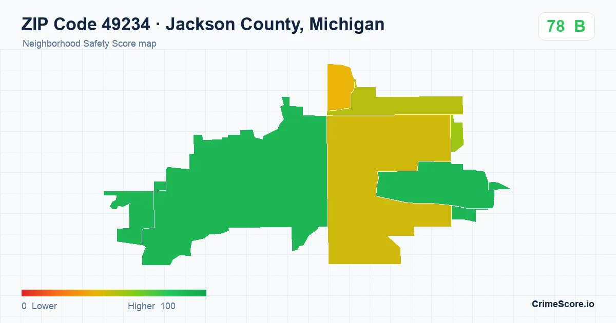 ZIP Code 49234 in Jackson County, Michigan neighborhood Safety Score map
