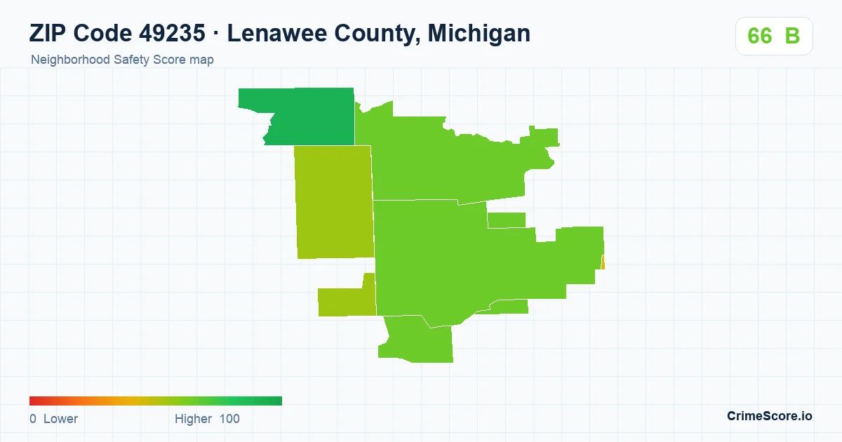 ZIP Code 49235 in Lenawee County, Michigan neighborhood Safety Score map