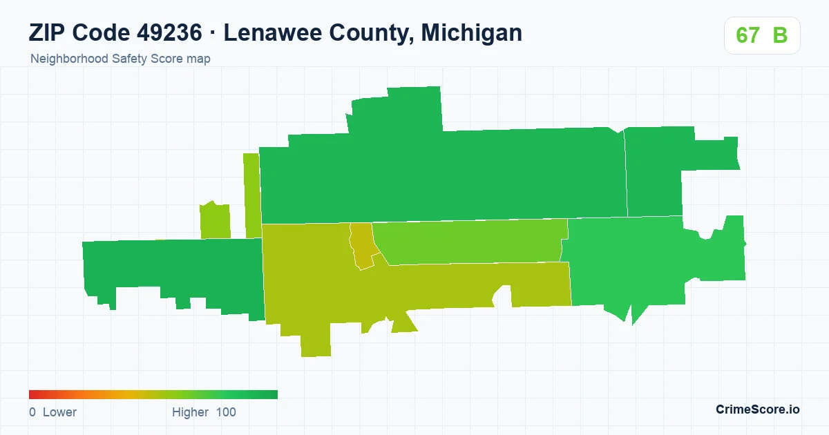 ZIP Code 49236 in Lenawee County, Michigan neighborhood Safety Score map