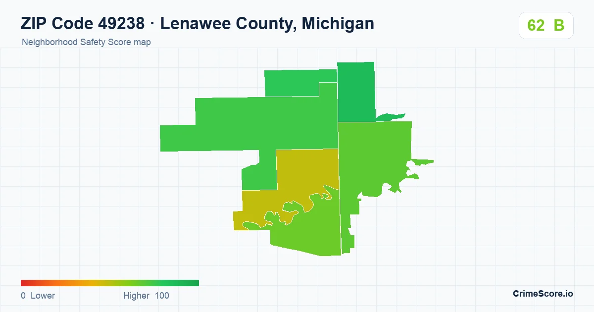 ZIP Code 49238 in Lenawee County, Michigan neighborhood Safety Score map