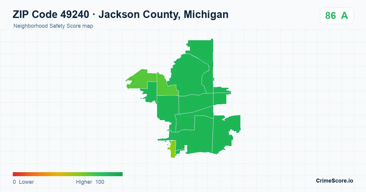 ZIP Code 49240 in Jackson County, Michigan neighborhood Safety Score map