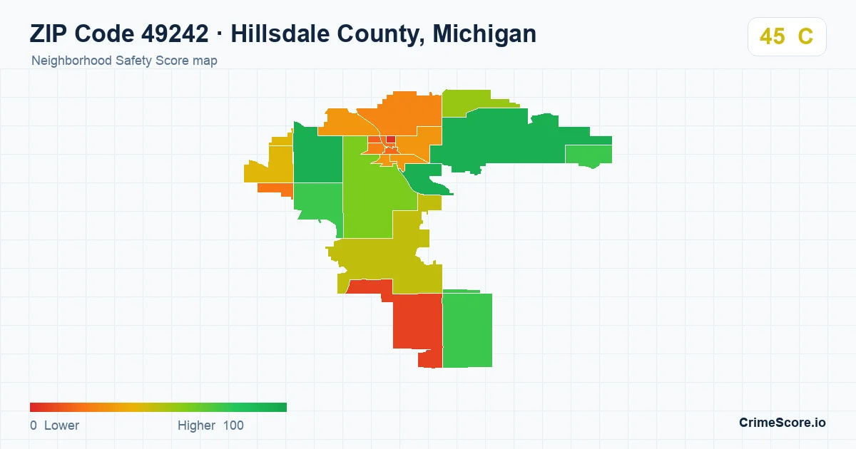 ZIP Code 49242 in Hillsdale County, Michigan neighborhood Safety Score map