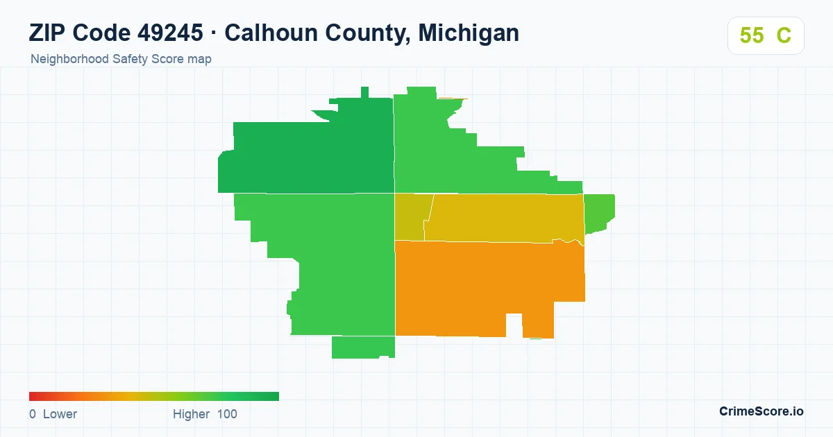 ZIP Code 49245 in Calhoun County, Michigan neighborhood Safety Score map