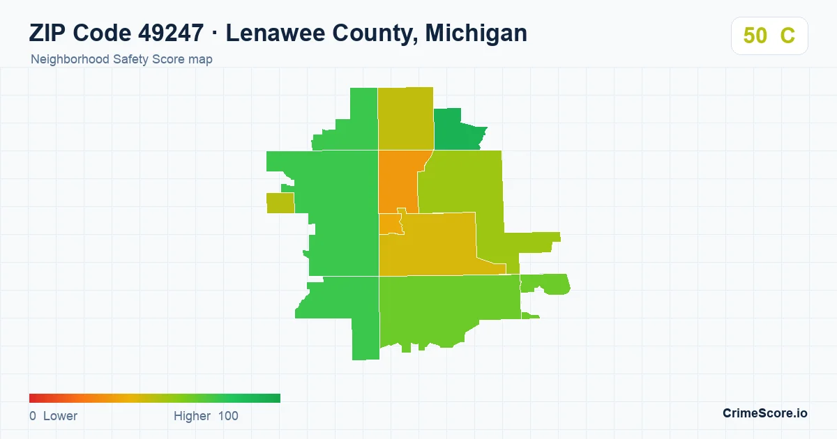 ZIP Code 49247 in Lenawee County, Michigan neighborhood Safety Score map