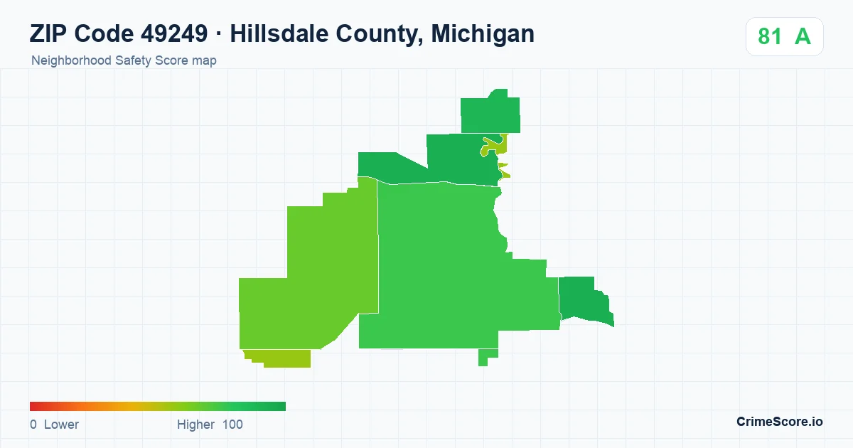 ZIP Code 49249 in Hillsdale County, Michigan neighborhood Safety Score map