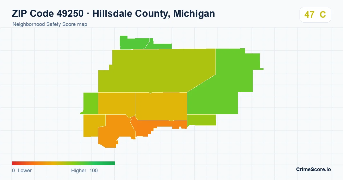 ZIP Code 49250 in Hillsdale County, Michigan neighborhood Safety Score map