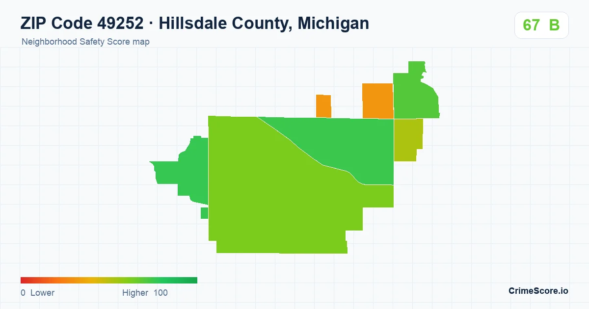 ZIP Code 49252 in Hillsdale County, Michigan neighborhood Safety Score map