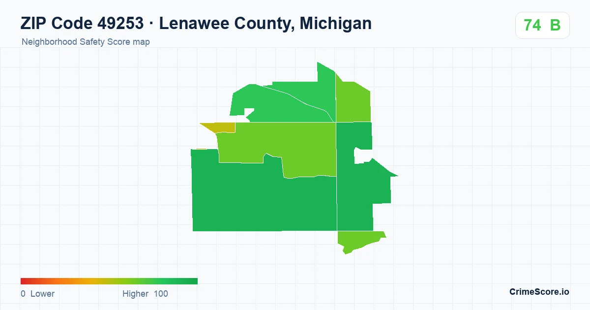ZIP Code 49253 in Lenawee County, Michigan neighborhood Safety Score map