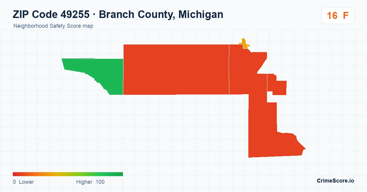 ZIP Code 49255 in Branch County, Michigan neighborhood Safety Score map