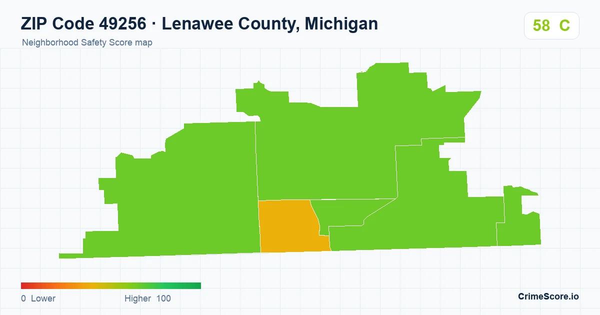 ZIP Code 49256 in Lenawee County, Michigan neighborhood Safety Score map