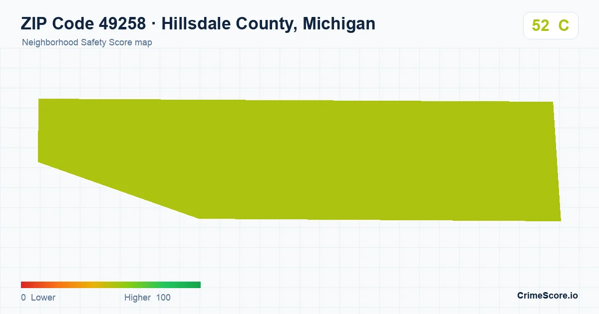 ZIP Code 49258 in Hillsdale County, Michigan neighborhood Safety Score map