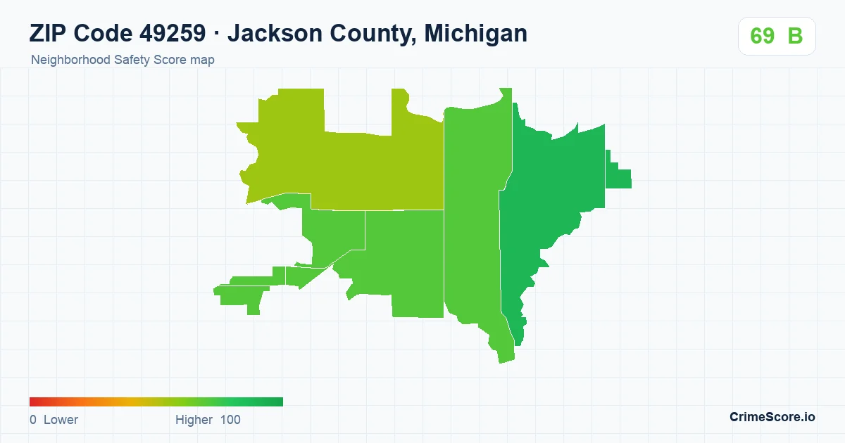 ZIP Code 49259 in Jackson County, Michigan neighborhood Safety Score map
