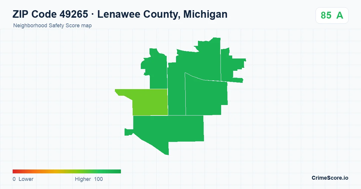 ZIP Code 49265 in Lenawee County, Michigan neighborhood Safety Score map