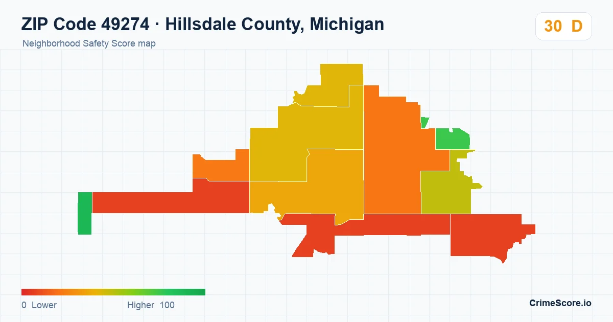 ZIP Code 49274 in Hillsdale County, Michigan neighborhood Safety Score map