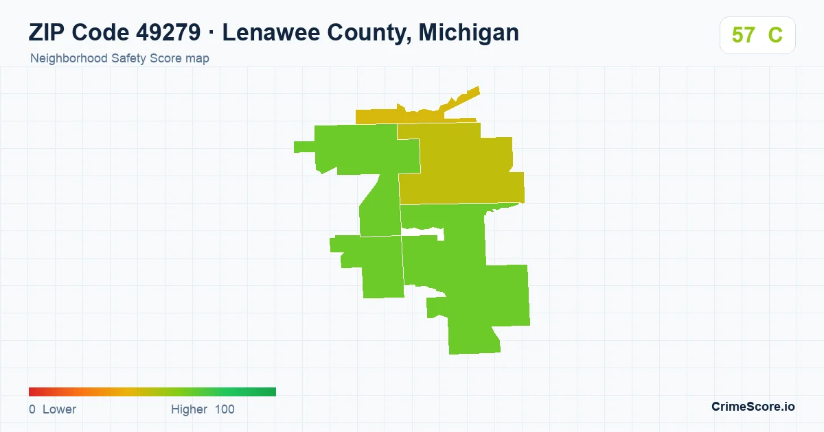 ZIP Code 49279 in Lenawee County, Michigan neighborhood Safety Score map