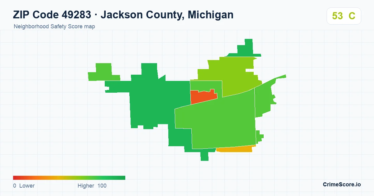ZIP Code 49283 in Jackson County, Michigan neighborhood Safety Score map