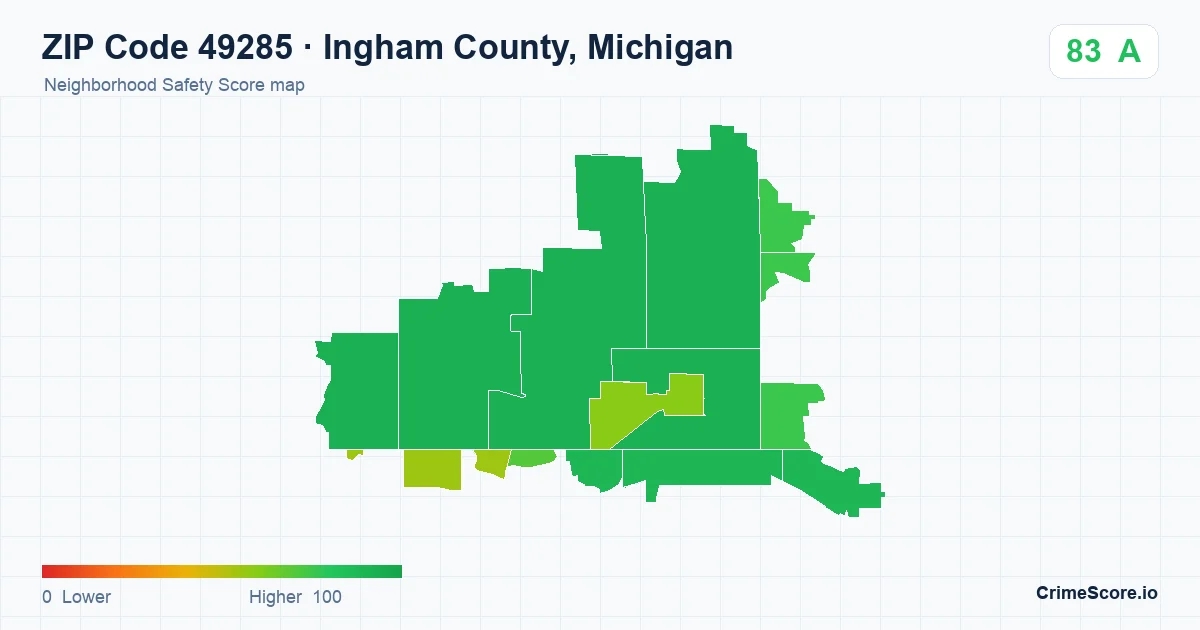 ZIP Code 49285 in Ingham County, Michigan neighborhood Safety Score map