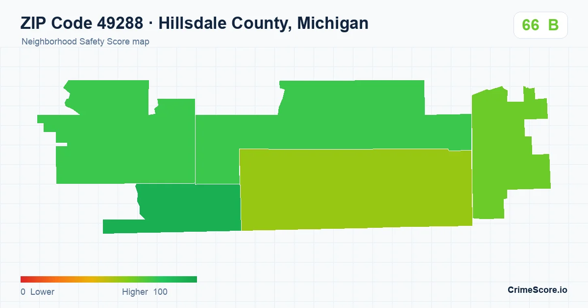 ZIP Code 49288 in Hillsdale County, Michigan neighborhood Safety Score map