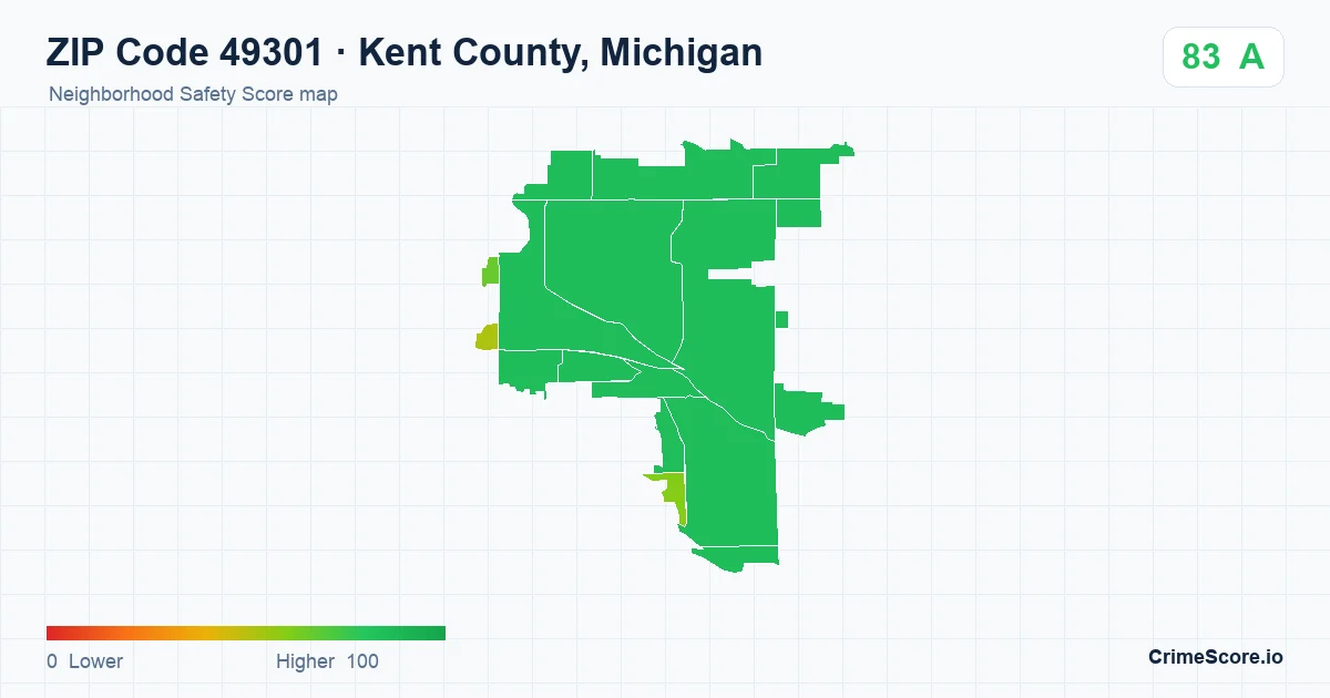 ZIP Code 49301 in Kent County, Michigan neighborhood Safety Score map