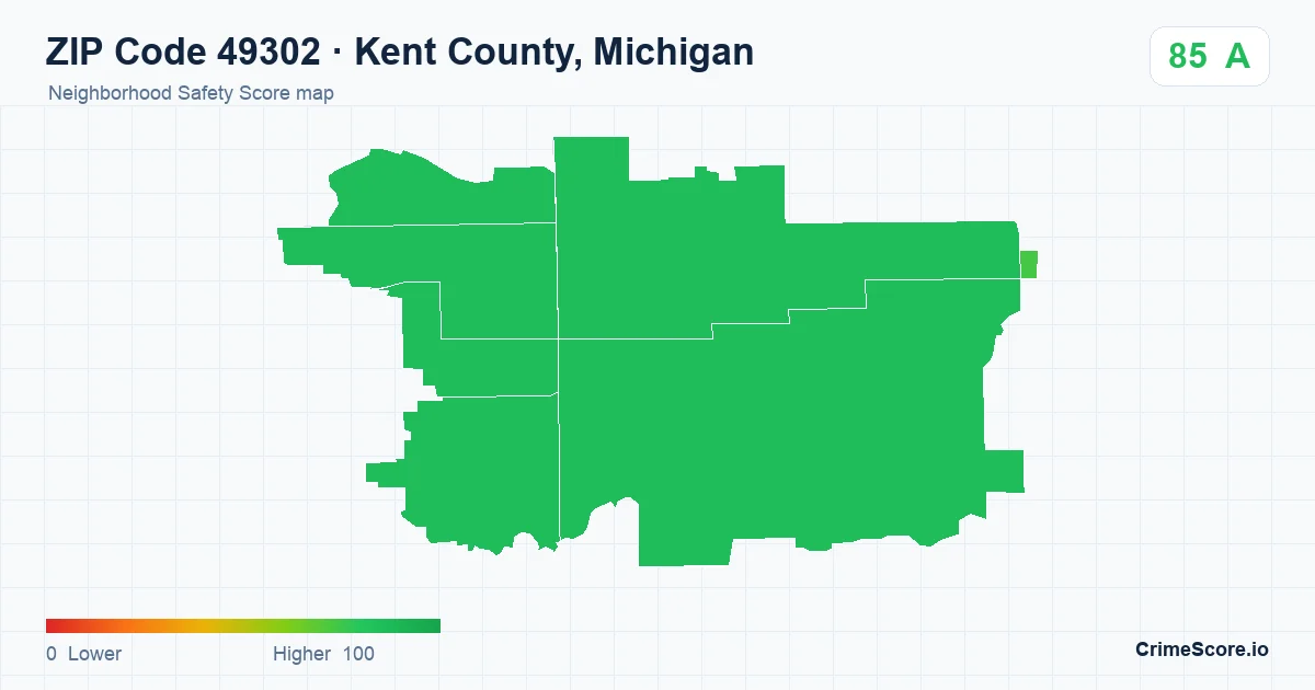 ZIP Code 49302 in Kent County, Michigan neighborhood Safety Score map