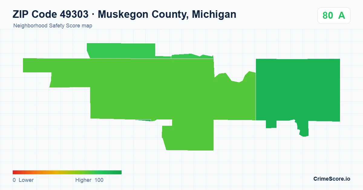 ZIP Code 49303 in Muskegon County, Michigan neighborhood Safety Score map