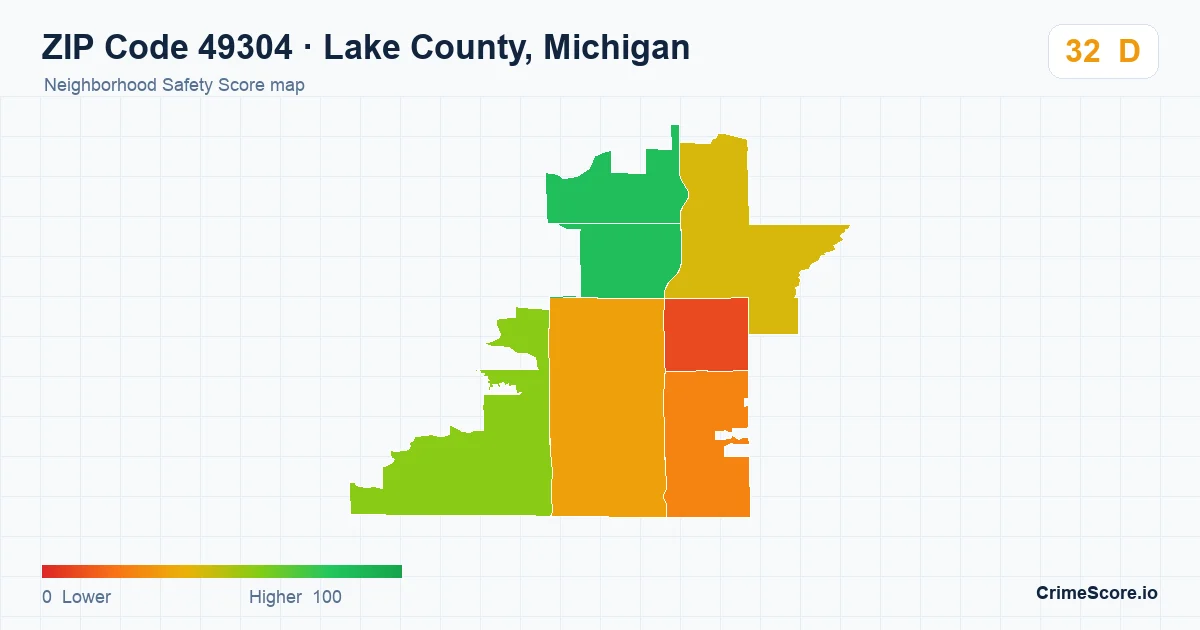 ZIP Code 49304 in Lake County, Michigan neighborhood Safety Score map