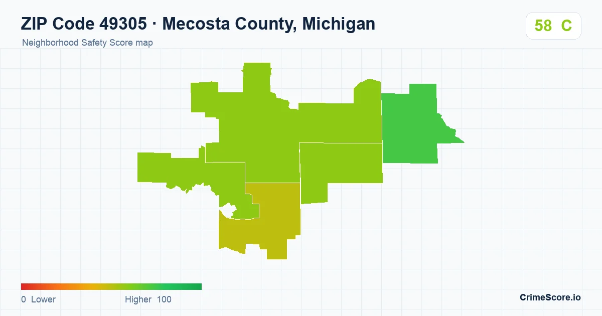 ZIP Code 49305 in Mecosta County, Michigan neighborhood Safety Score map