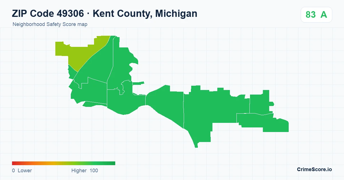 ZIP Code 49306 in Kent County, Michigan neighborhood Safety Score map
