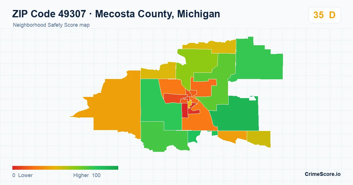 ZIP Code 49307 in Mecosta County, Michigan neighborhood Safety Score map