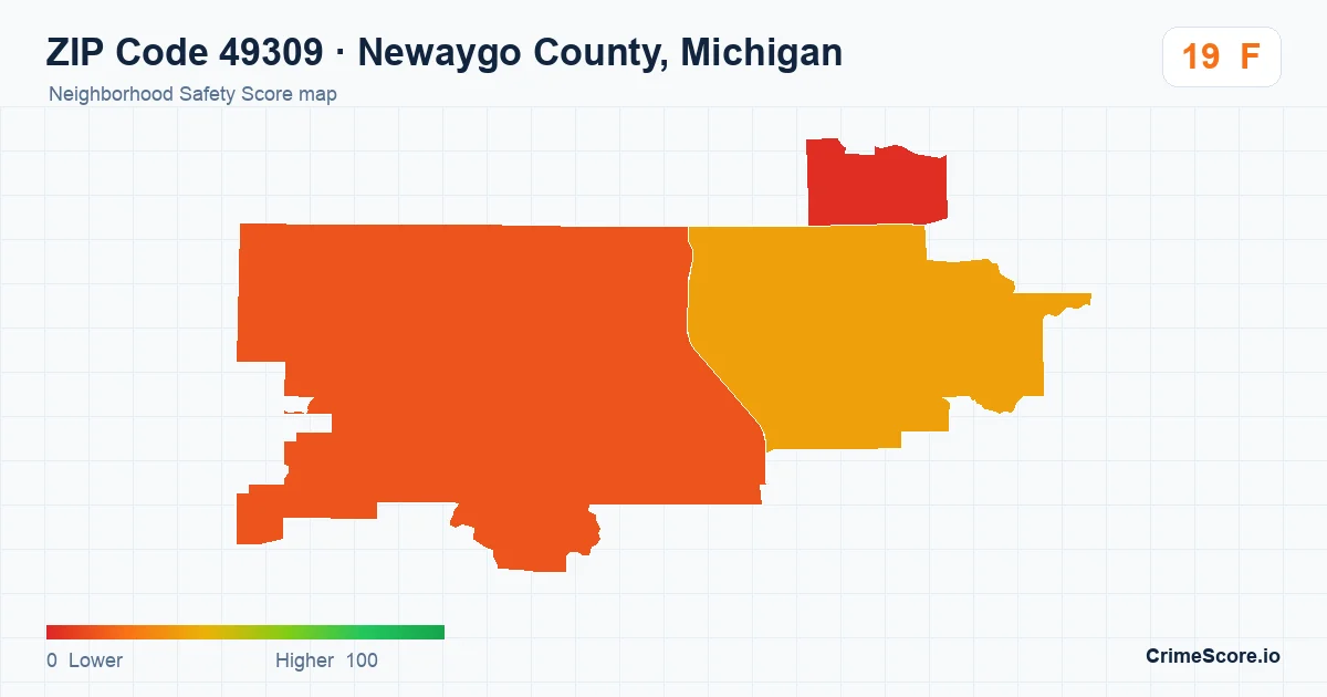 ZIP Code 49309 in Newaygo County, Michigan neighborhood Safety Score map