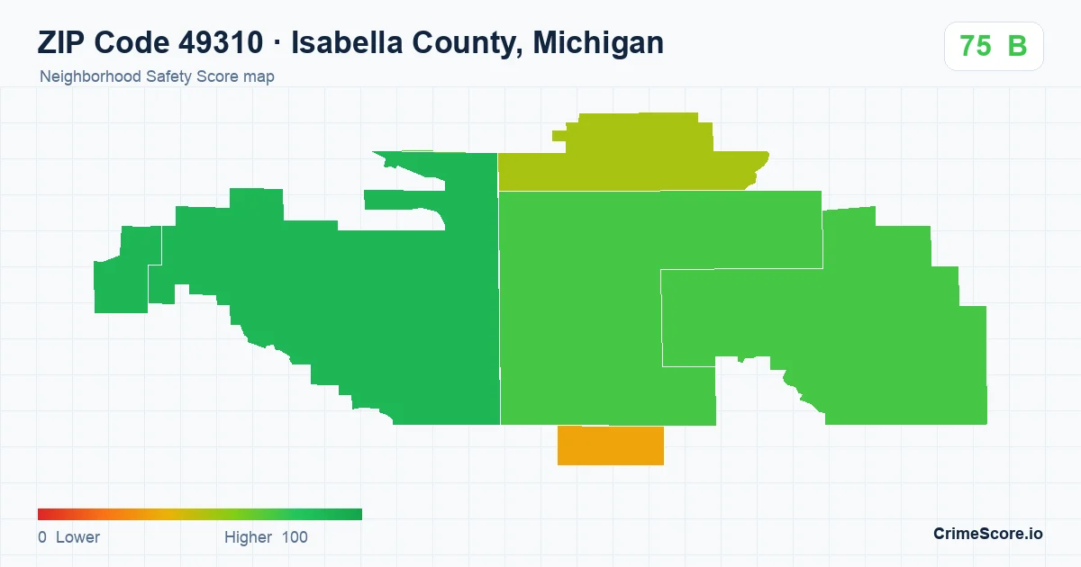 ZIP Code 49310 in Isabella County, Michigan neighborhood Safety Score map