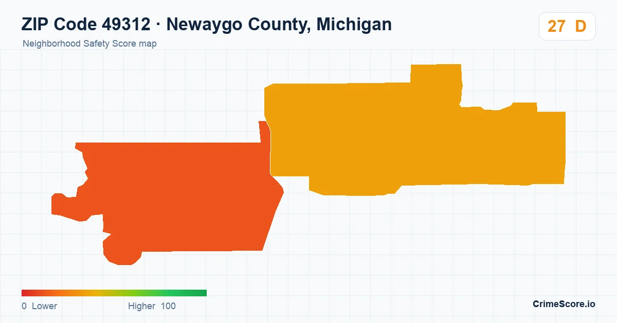 ZIP Code 49312 in Newaygo County, Michigan neighborhood Safety Score map