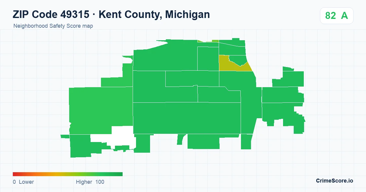 ZIP Code 49315 in Kent County, Michigan neighborhood Safety Score map
