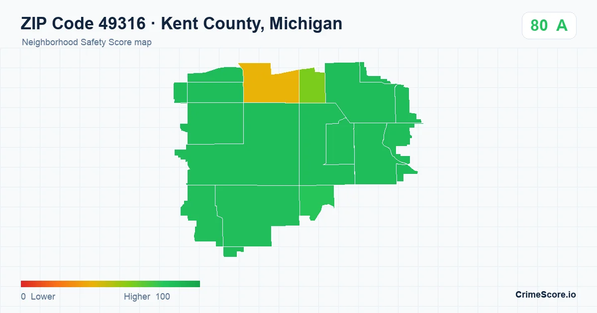 ZIP Code 49316 in Kent County, Michigan neighborhood Safety Score map