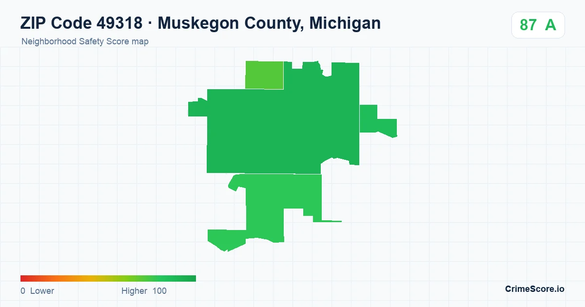 ZIP Code 49318 in Muskegon County, Michigan neighborhood Safety Score map