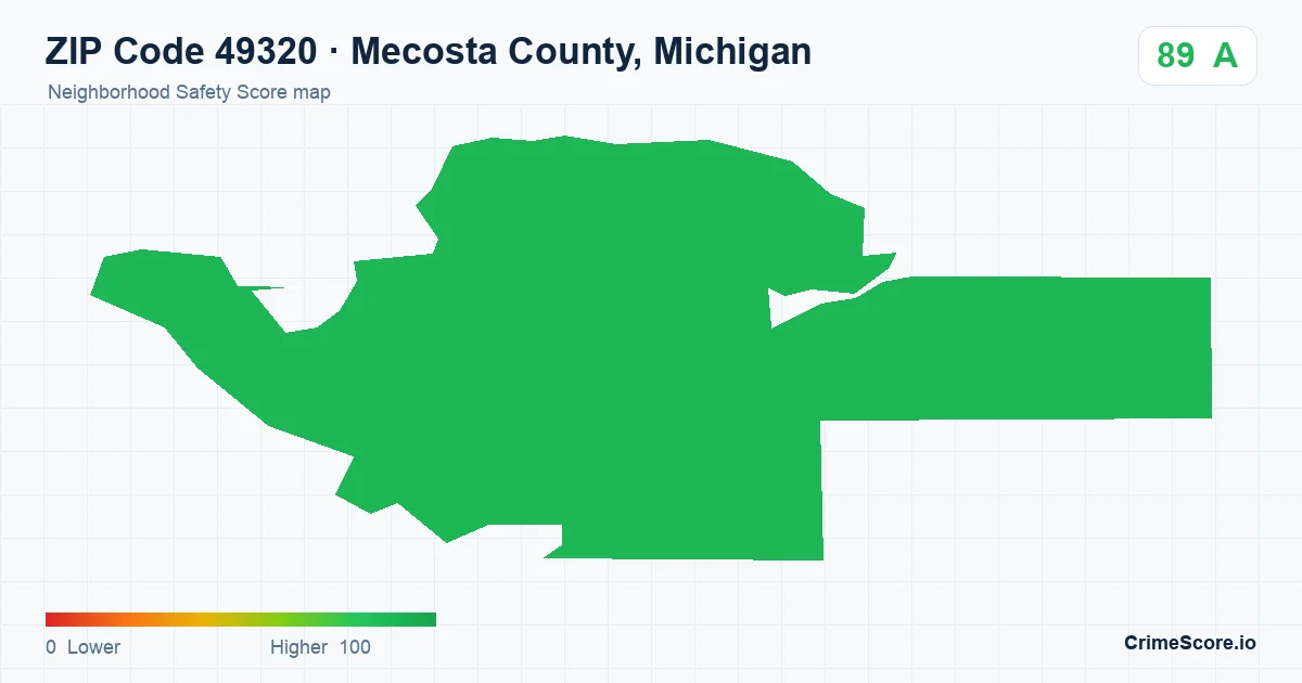 ZIP Code 49320 in Mecosta County, Michigan neighborhood Safety Score map