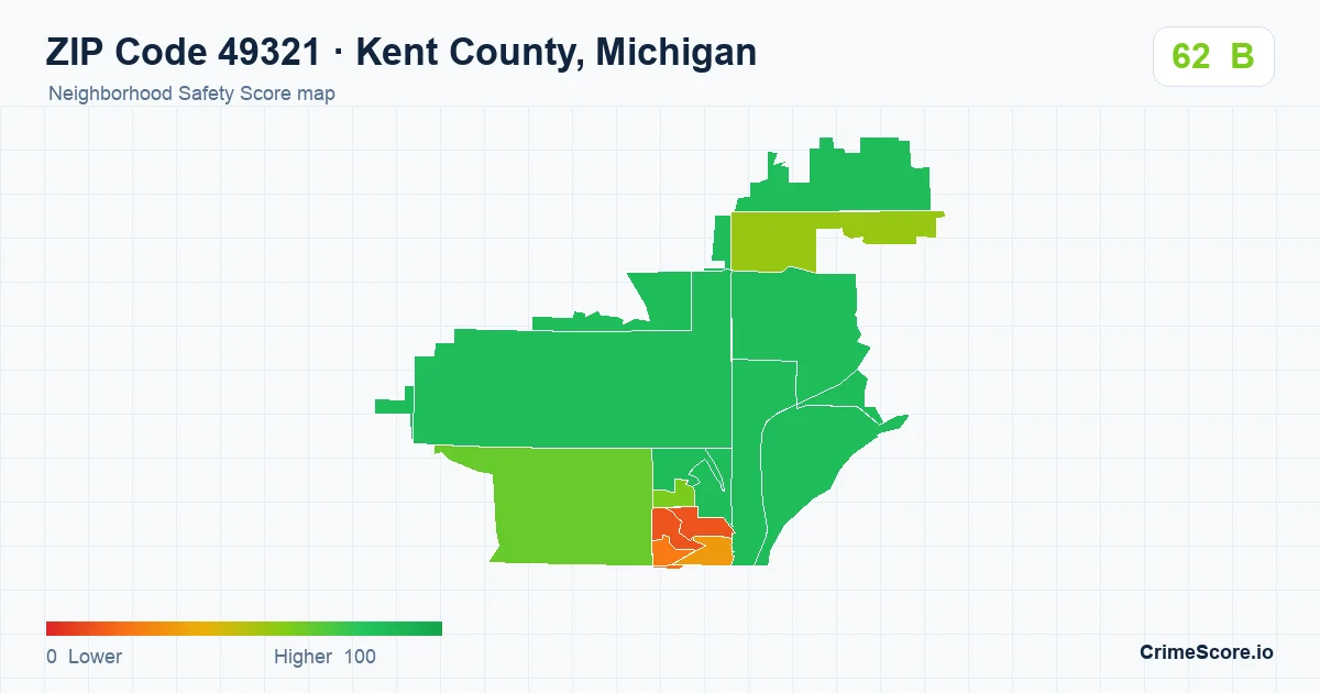 ZIP Code 49321 in Kent County, Michigan neighborhood Safety Score map