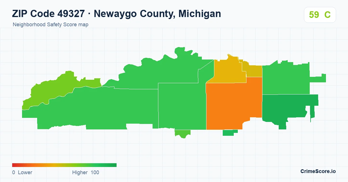 ZIP Code 49327 in Newaygo County, Michigan neighborhood Safety Score map