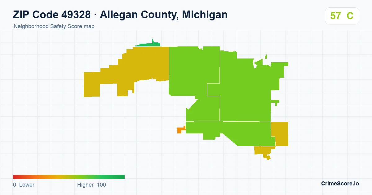 ZIP Code 49328 in Allegan County, Michigan neighborhood Safety Score map